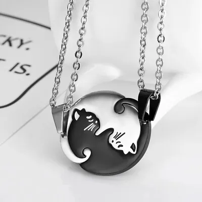 2 Piece Black & Silver Cat Matching Necklace Couple Cute Pendant Love BFF Gift • $14.99