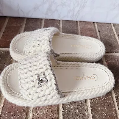 CHANEL Braided Knit CC Interlocking Sandal Slide Mule Cream/ Silver EU 39 • $949