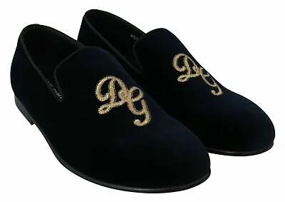 DOLCE & GABBANA Navy Velvet Gold Embroidered Logo Loafers Slip On Shoes + Bags • £279.99