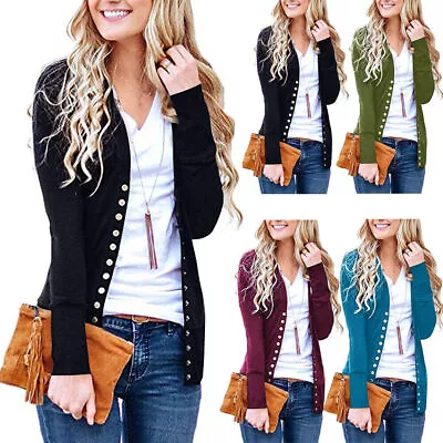 Women's Soft Snap Button Front V-Neck Long Sleeve Knit Cardigan Sweater S-2XL • $19.34