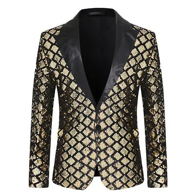 UK Men Bling Sequins Blazer One Button Tuxedo Suit Party Coat Gentleman Jacket • £27.88