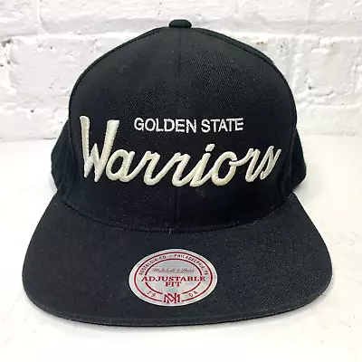 Golden State Warriors Mitchell & Ness Script Snapback Wool Hat Cap Black White • $24.95