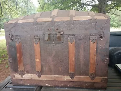 Antique Steamer Trunk Dome Top Wood & Metal W/Wheels  20 × 36 ×27 -SEE DETAILS • $174.99