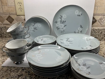 $25 • Buy Vtg Seyei China-Japan ‘Starlite’ #3171 Dinner  Grey W/Platinum 1- 7 Pc Place Set