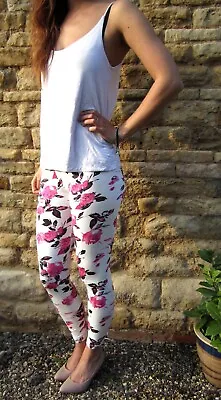 £9.50 • Buy Womens Ladies Rose Floral Thin Leggings Skirts All Lengths Uk 8 - 20  