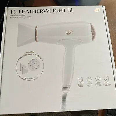 T3 FEATHERWEIGHT 3i PROFESSIONAL HAIR DRYER + ATTACHMENTS WHITE NIB • $109.99