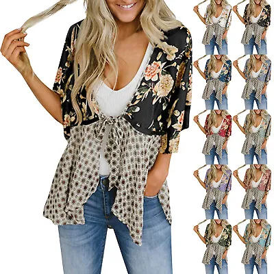 Women Floral Kimono Cardigan 3/4 Ruffle Sleeve Patchwork Boho Tie Loose Cover Up • $28.12