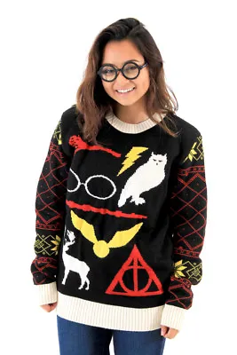 $59.99 • Buy Adult Movie Harry Potter Owl Deathly Hallows Sign Black Ugly Christmas Sweater