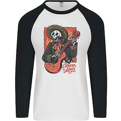Mariachi Skeleton Cinco De Mayo Skull Mens L/S Baseball T-Shirt • $12.42