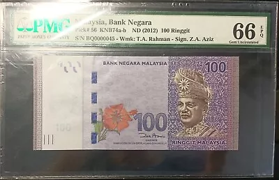 Malaysia Banknote Rm100 Pmg66epq Low Number Bq0000045 Zeti Gabenor • $98