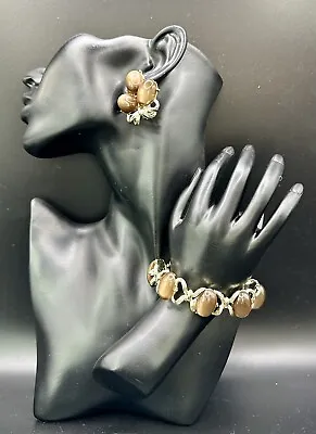 Lucite Leaf Cluster Thermoset Light/Dark Brown Gold Tone Vintage Jewelry Set • $19