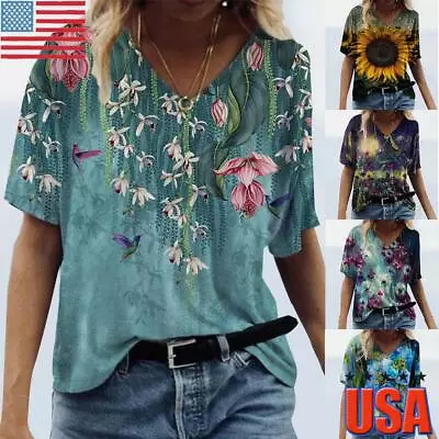 $7.79 • Buy Womens Summer Floral V Neck T Shirt Ladies Casual Short Sleeve Tunic Tops Blouse