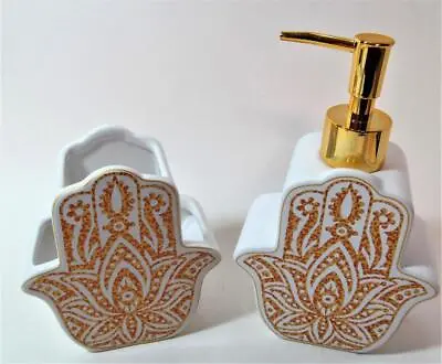 MANDALA Harmony Design Bath Set 2 Pc Lotion Dispenser & Toothbrush Paste Holder • £33.77