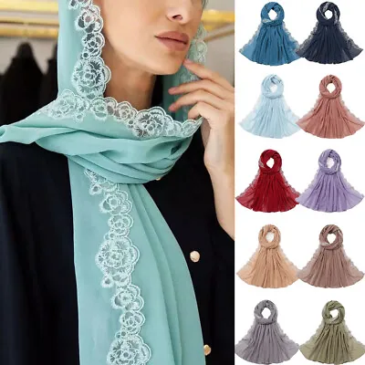 Women Chiffon Hijab Lace Long Scarf Muslim Headscarf Wrap Shawl Turban Scarves • $10.97