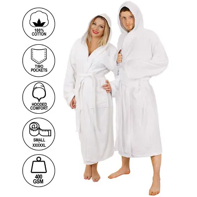 £18.99 • Buy White Hooded Bathrobe 100% Cotton Heavy Towel Unisex Hospital Gown Robe S-xxxxl