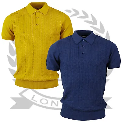 Relco Fine Gauge Knit Polo Shirt Blue Mustard Cable Weave Knitted Mod Retro • £34.99
