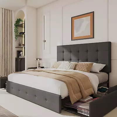 Upholstered Queen Platform Bed Frame With Adjustable Headboard And 4 Drawers Und • $359.99