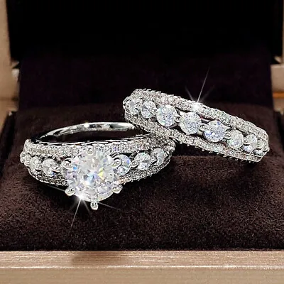 Fashion Women Gifts 2 Pcs/set 925 Silver Rings Cubic Zirconia Jewelry Size 6-10 • $3.52