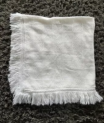 Mothercare Baby White Fringed Shawl Pram Blanket Acrylic Diamond Crosses Pattern • £14.90