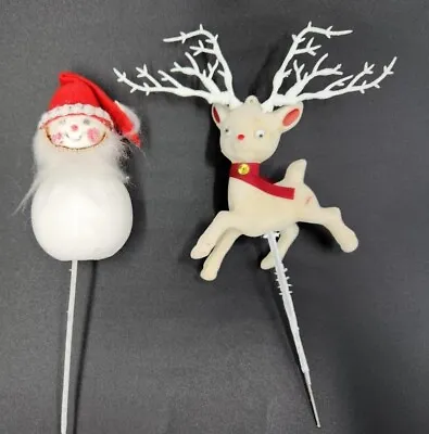 Lot Of 2 Vintage Christmas Floral Picks White Reindeer W/Googly Eyes & Snowman • $15.99