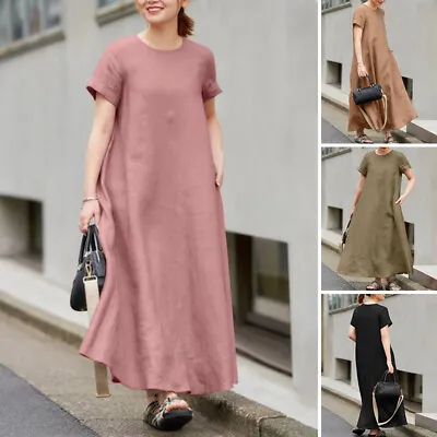 UK Stock Womens Short Sleeve Cotton Linen Long Dress Casual Loose A Line Dresses • £8.54