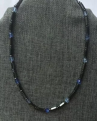 Men's Women's Black Magnetic Hematite Hex Necklace Blue Crystals Very Strong! • $40.99