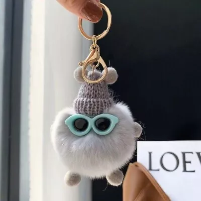 Grey Cute Rabbit Hair Mini Bag Pendant Key Ring Soft Coal - Grey #E1 • $2.99