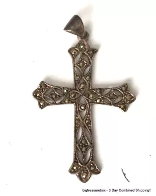 Vtg Necklace Pendant MARKED HAN 925 STERLING SILVER Marcasite Cross Jewelry Lot  • $2.25