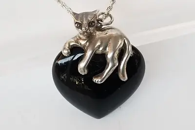 Vtg Marked CL 925 Sterling Silver Cat Panther Black Onyx Heart Pendant Necklace • $60