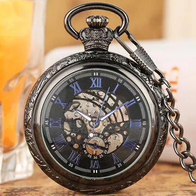 Casual Hollow Out Mechanical Pocket Watch Luminous Neckalce Chain For Men Women • $13.99