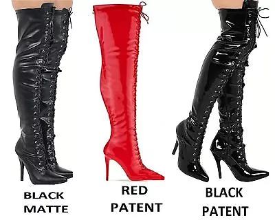 Mens Thigh High Over The Knee Fetish Boots Front Lace Stiletto Heel Sizes UK9-12 • £39.99