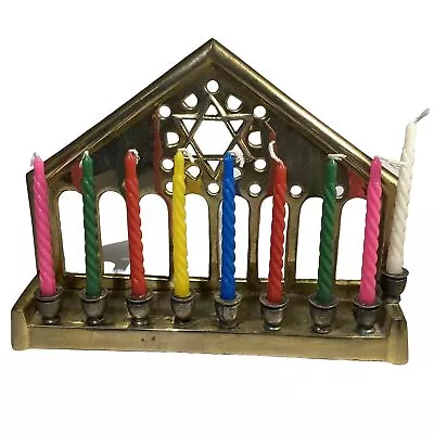 Vintage All Brass Menorah W Candles Jewish Hebrew Judacia • $29.99