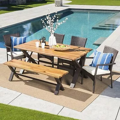 Brent Outdoor 6 Piece Acacia Wood Dining Set With Wicker Dining Chairs • $676.54