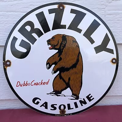 Vintage 1936 Dated Grizzly Gasoline Porcelain Enamel Gas Pump Sign Dubbs • $29.99