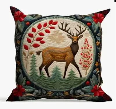 Deer Flowers Berries Christmas Throw Pillow Cover 18x18 Winter Holiday Decor • $13.08