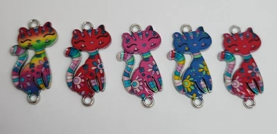 £1.29 • Buy 5x Silver Coloured Enamel Cat Connector Charms, Jewellery Making, BN&UNUSED