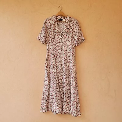 Sz 12 | Vintage M.H.M. Melissa Harper Floral Sleeve Midi Dress Rose • $24