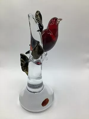 Murano Art Glass Red & Black Bird On A Branch 10” Sculpture.~ Label ~ • $145