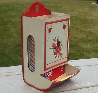 Vtg Retro Red Tulip Match Box Holder Tin Metal Wall Mount Hanging Dispenser Old • $33.95