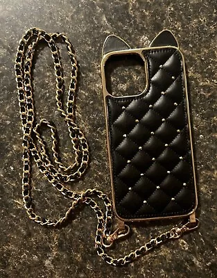 Black Cat Quilted IPhone 12 Pro Max Case With Lanyard • $10