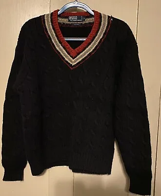 Vintage Polo Ralph Lauren Sweater Men Large Black V Neck Cricket Wool Knit • $199