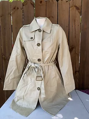 Merona Women's Double Breasted Belted Button Down Khaki Lined Trench Coat Size M • $40