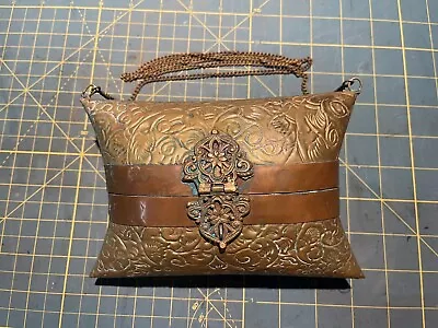 Vtg Art Deco Pillow Purse Copper Brass Clutch Purse Purple Lining Chain Strap • $22