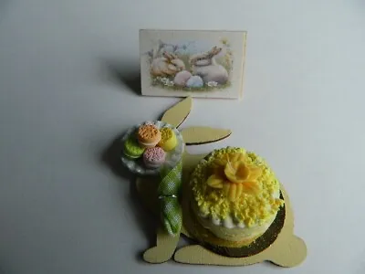 (C30)1/12th Scale DOLLS HOUSE HANDMADE EASTER CAKE SET ON WOODEN BUNNY BOARD • £5.99