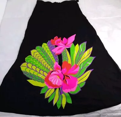 Vintage Size 12 Mr Dino Maxi Skirt Black W/ Neon Floral 60s/70s Hippie Festival  • $155