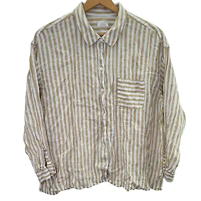 J. Jill Love 100% Linen Tan White Stripe Button Top Long Sleeve Shirt Women's 2X • $18