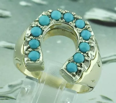 1.50 Ct 14k Solid Yellow Gold Men's Turquoise Ring Horseshoe Lucky Luck Made USA • $1480