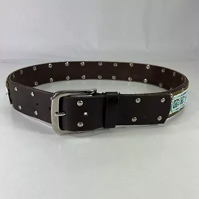 Colorful Beaded & Studded Wide Brown Genuine Leather Belt - Women's Size 34 • $13.60