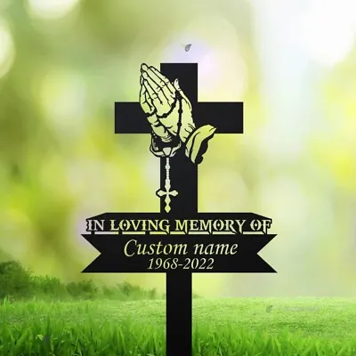 Personalized Cross Memorial Stake Cross With Praying Hand Metal Stake Sympathy • $67.19