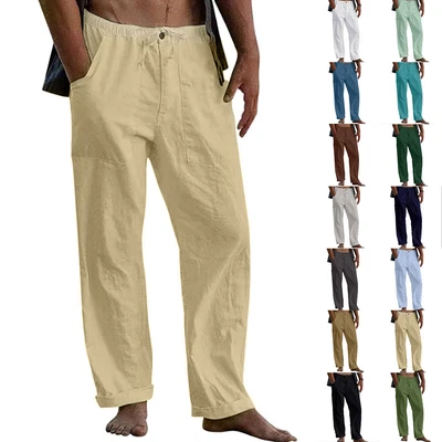 £13.09 • Buy Mens Cotton Linen Elastic Waist Pants Summer Casual Loose Yoga Workwear Trousers